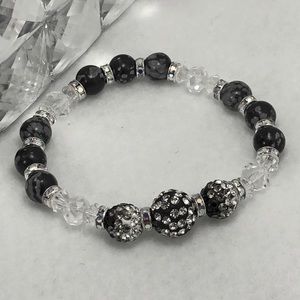 Snowflake Obsidian Gemstone Bracelet w/Rhinestones